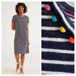 Boden Navy Blue White Stripe Colorful Pom Pom T-shirt Charlie Dress